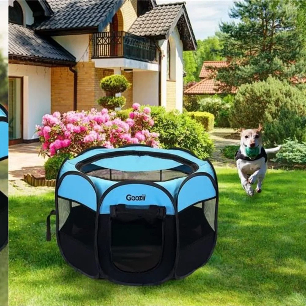 Small Dog Playpen Portable Collapsible (Small Size, Black/Blue)